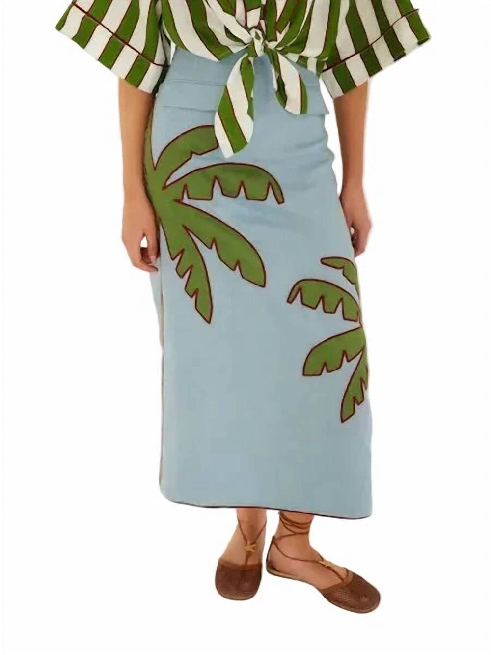 NEW FARM RIO embroidered palm tree maxi skirt in blue